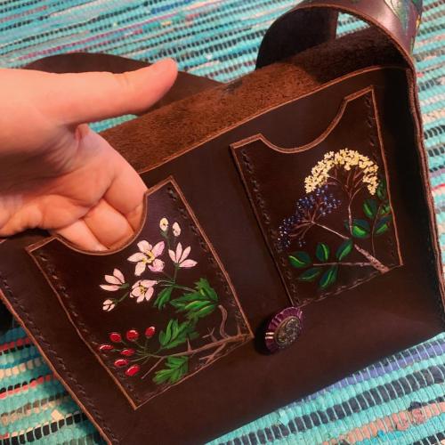 Leather Crane Bag - Indian Ghost Pipe theme with Wild Yam strap and Elderflower / Hawthorn on the inside. 